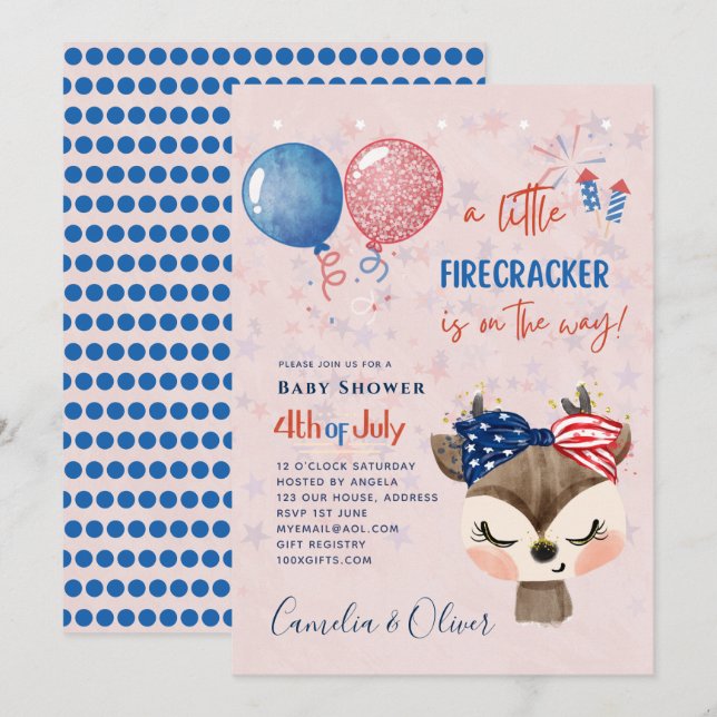 Convites 4 de julho CHÁ DE FRALDAS INVITE Firecracker Deer (Frente/Verso)