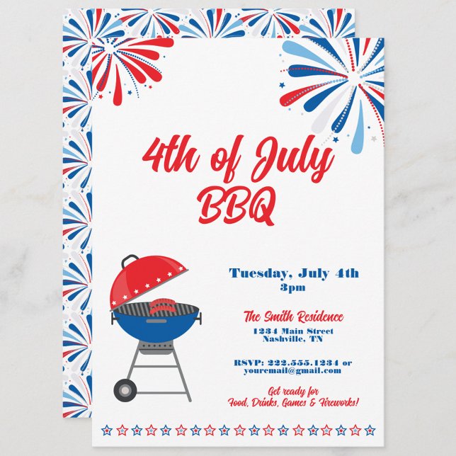 Convites 4 de julho CHURRASCO Patriótico Vermelho Branco Az (4th of July BBQ Party Invitation, Fourth of July Cookout, Patriotic Red White & Blue)