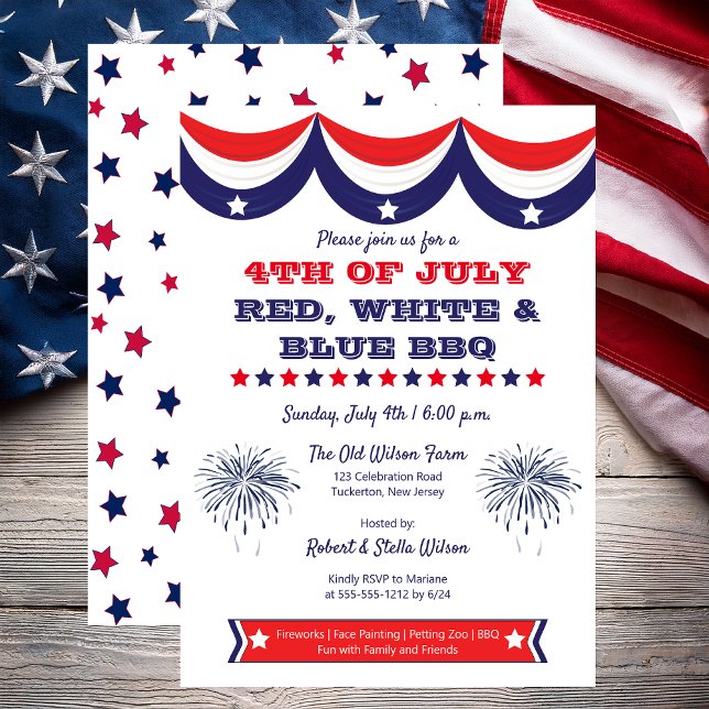 Convites 4 de julho CHURRASCO vermelho branco e azul (Patriotic Bunting 4th of July Red, White and Blue BBQ Invitation - Print and/or Digital Download)