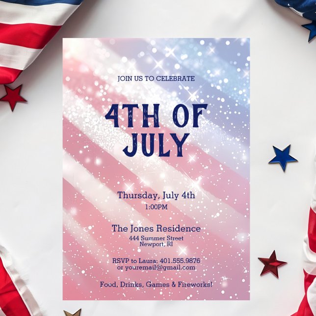 Convites 4 de julho Partido Glitter Red White Patriotic (4th of July Glitter Red, White & Blue Party Invitation)