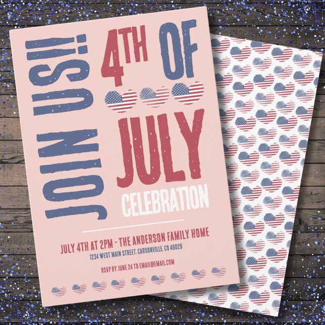 Convites 4 De Julho Partido Red White Blue Patriótico (Cute USA American Flag Heart 4th Of July Party Invitation)
