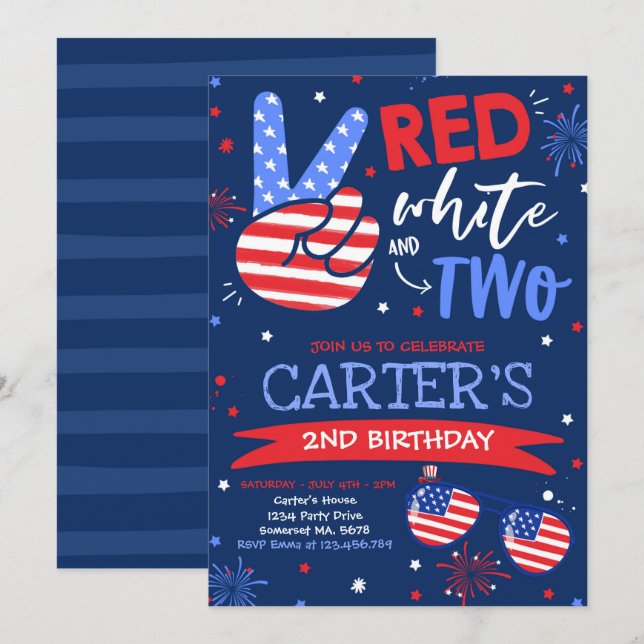Convites 4 De Julho segundo aniversário Vermelho Branco E A (Frente/Verso)