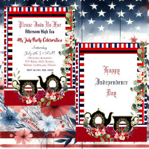 Convites 4 de julho Strips Vintage Teapot Tarde Alto Chá