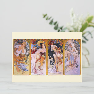 Convites 4 Estações de Alphonse Mucha, Arte Nouveau Antiga