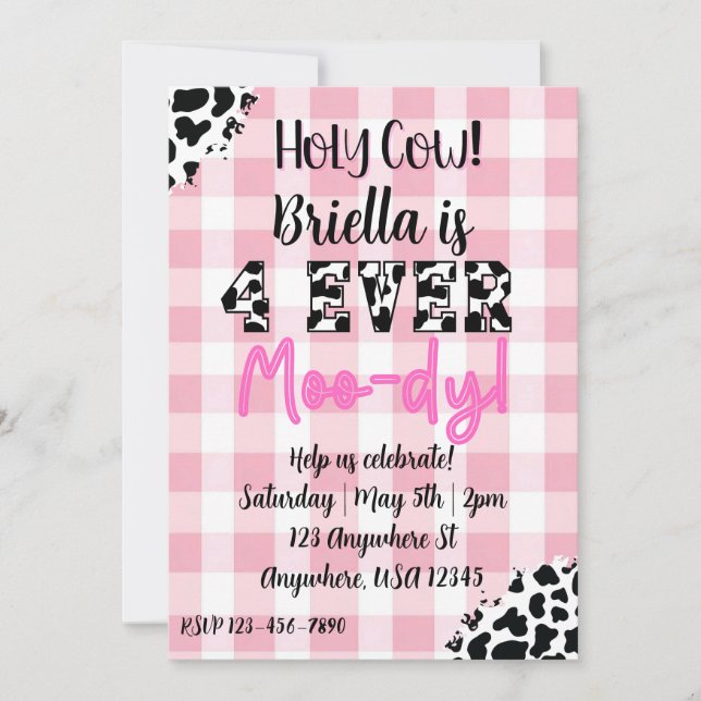 Convites 4 Ever Moody Cow Fourth Birthday Invitation (Frente)