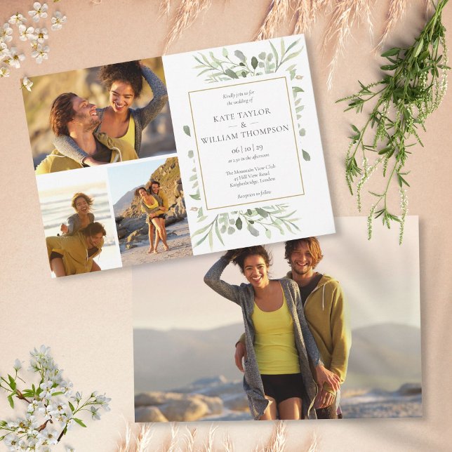 Convites 4 Foto: Greenery Botânico Deixa Casamento (4 Photo Botanical Greenery Leaves Wedding Invitation)
