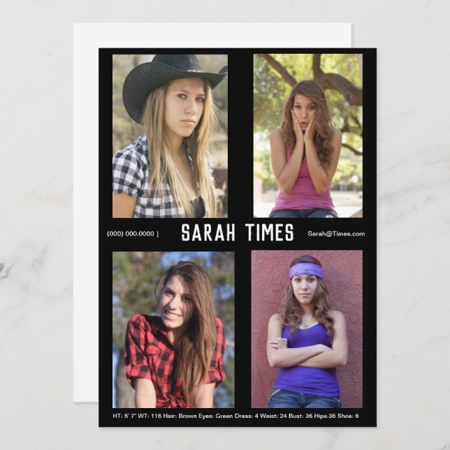 Convites 4 Foto Modelo Ator Comp Card Black Modelo (Frente/Verso)