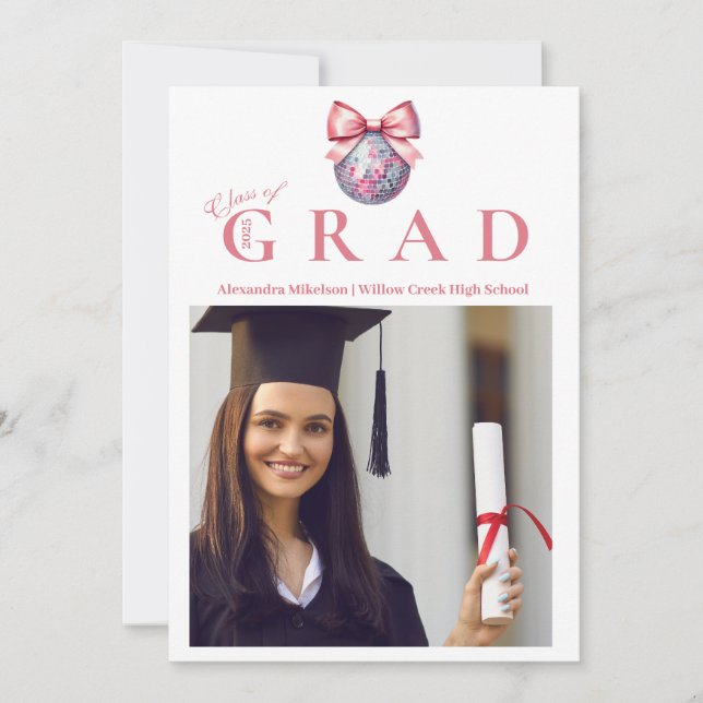 Convites 4 Fotografias Arco Rosa Disco Ball Festa de format (Frente)