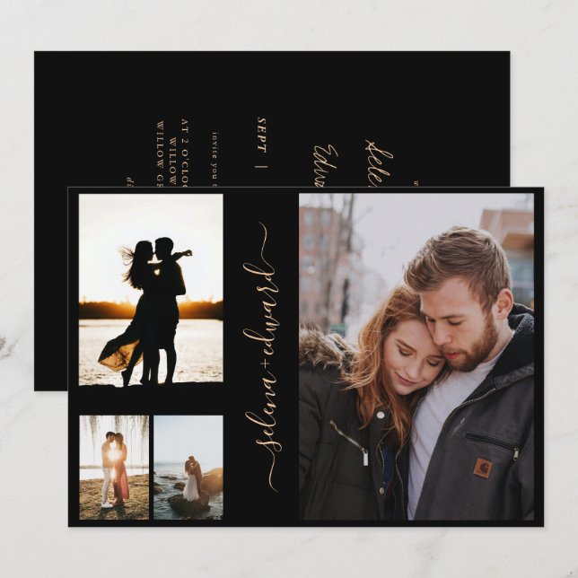 Convites 4 Fotos: Casamento Dourado de Script Preto em Grad (Frente/Verso)