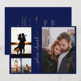 Convites 4 Fotos Marinho de Grade Casamento Azul e Dourado 