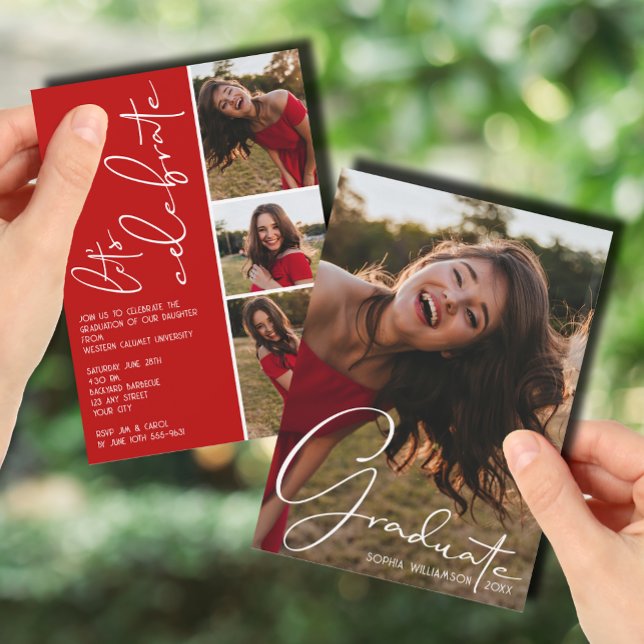 Convites 4 Graduação de Colagem de Fotos Vermelho Escarlate (4 Photo Collage Graduation Scarlet Red Invitations)