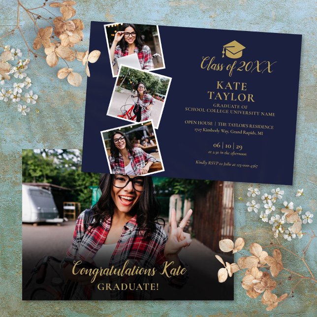 Convites 4 Marinho De Fotografias Azul E Festa de formatura (4 Photo Navy Blue And Gold Graduation Party Invitation)