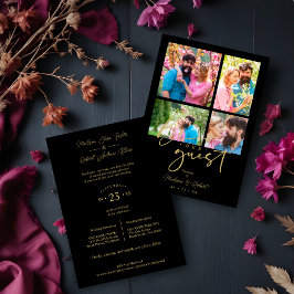 Convites 4 photos Fake Golden Black Trendy Collage Wedding
