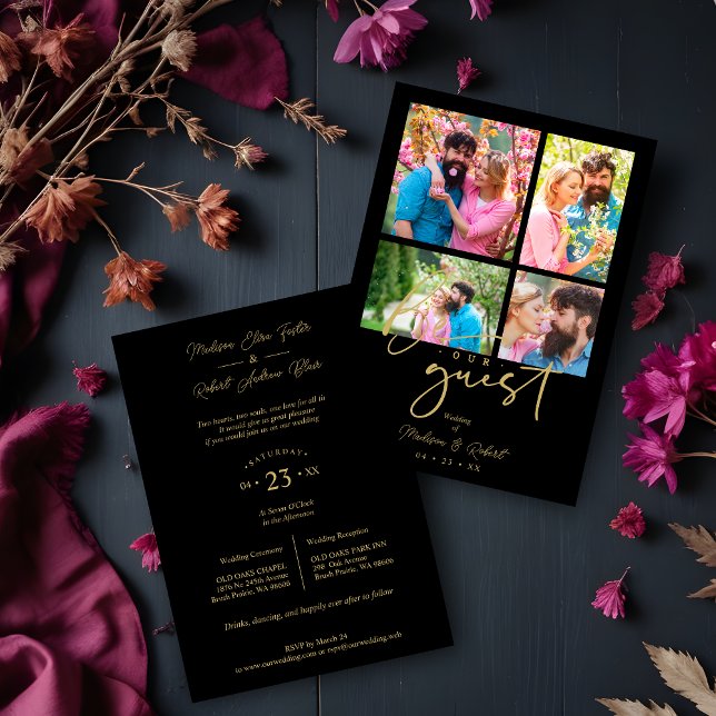 Convites 4 photos Fake Golden Black Trendy Collage Wedding (4 photos Fake Golden Black Trendy Collage Wedding Invitation Card with Envelope. )