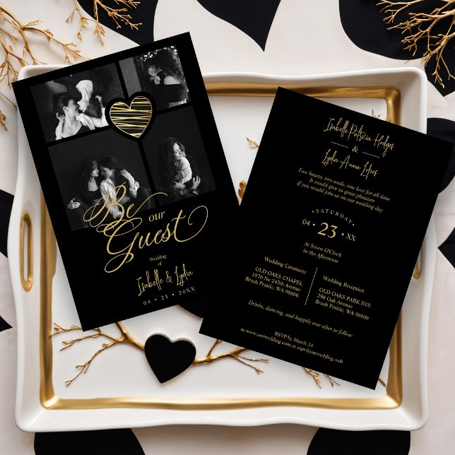 Convites 4 Photos Heart Fake Golden Black Trendy  (Exquisite Collage 4 Photos Golden Stylish Heart Black Wedding Invitations Card with Elegant Script.)