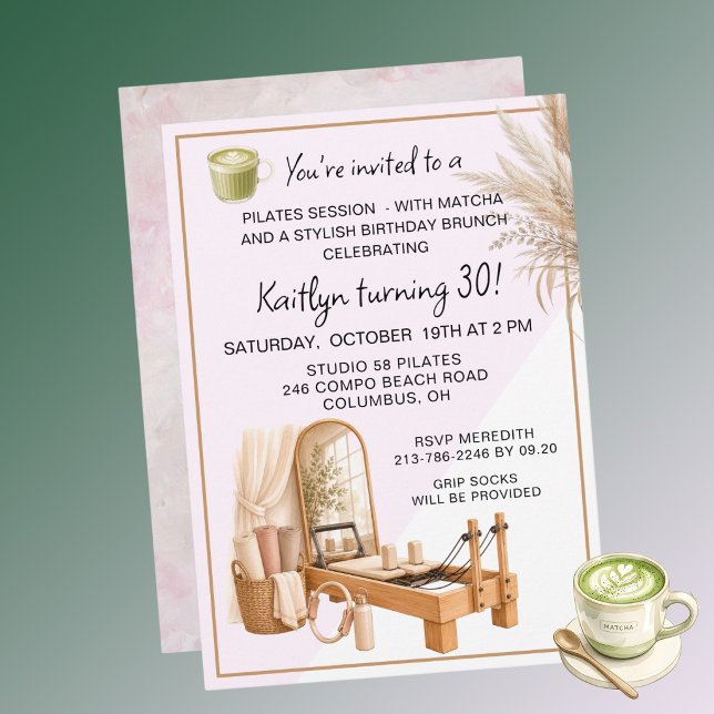 Convites 4 Pilates & Matcha (qualquer idade) Evento de Aniv (Criador carregado)