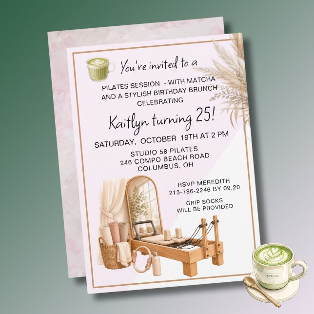 Convites 4 Pilates & Matcha (qualquer idade) Evento de Aniv (Criador carregado)