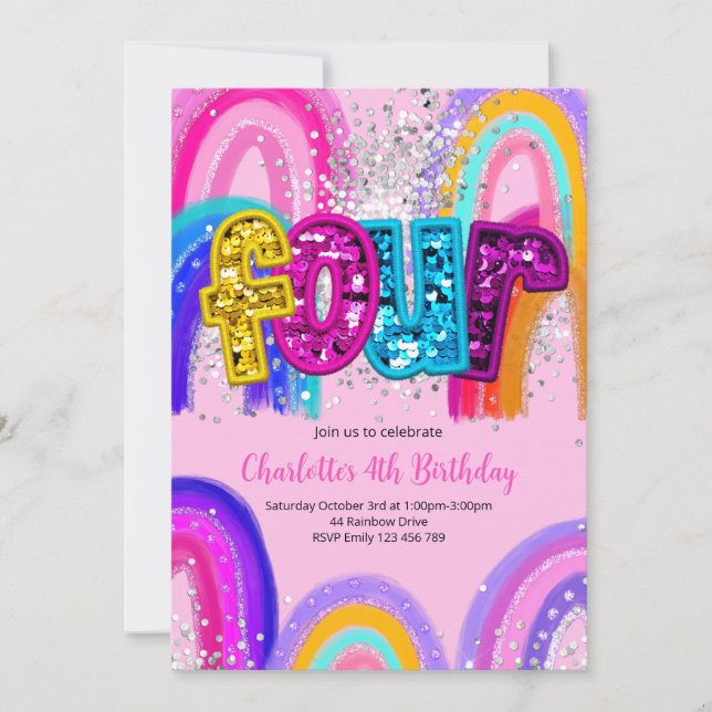 Convites 4th Birthday Sequin Rainbow Party Invitation (Frente)
