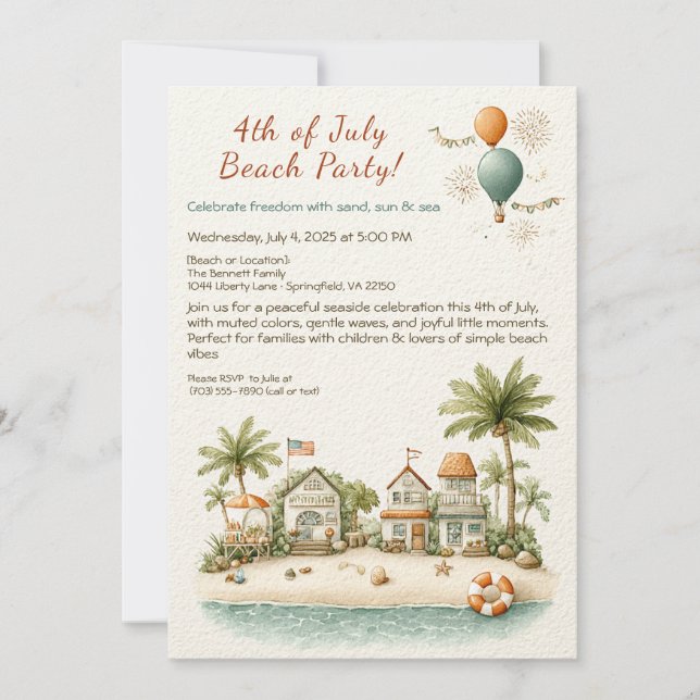 Convites 4th of July Beach Party Invitation – Soft Line Art (Frente)
