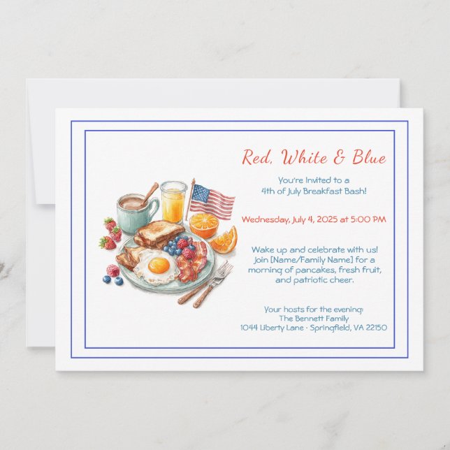 Convites 4th of July Breakfast Invitation – Patriotic  (Frente)