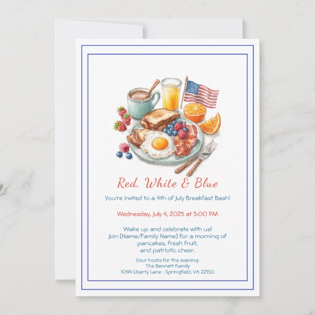 Convites 4th of July Breakfast Invitation – Patriotic  (Frente)