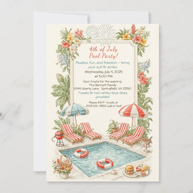 Convites 4th of July Pool Party Invitation – Elegant Line (Frente)