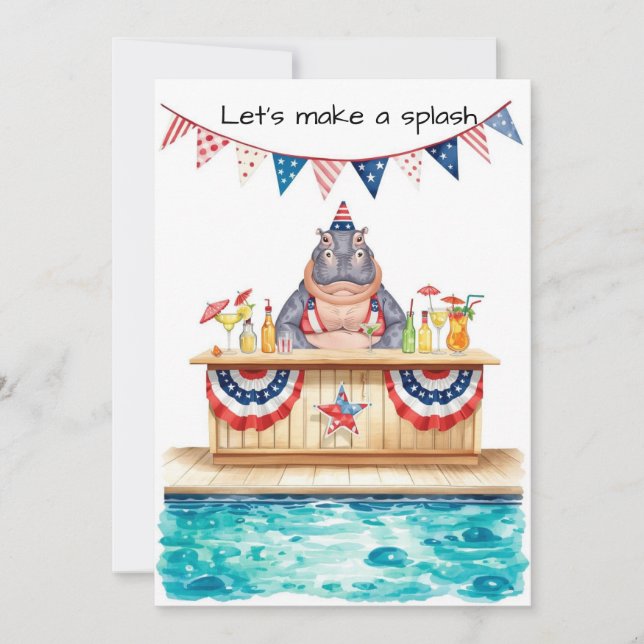 Convites 4th of July Pool Party with Hippo  (Frente)