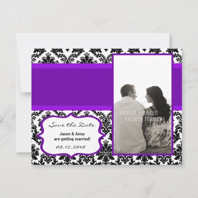 Convites 4x5 Salve a placa de data - Damasco preto e roxo (Frente)