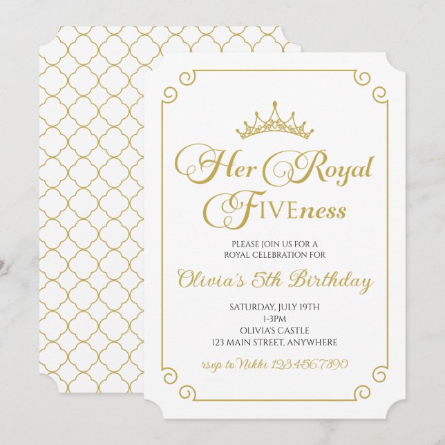 Convites 5º Aniversário da Princesa Dourada Sua Alteza Quin (Frente/Verso)
