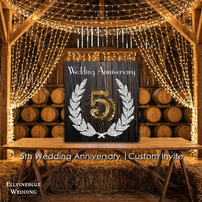 Convites 5º Aniversário de Casamento | Madeira Rústica & Do (5th Wedding Anniversary Invite | Rustic Wood & Diamond Laurel. Size: 5.25” x 5.25”)
