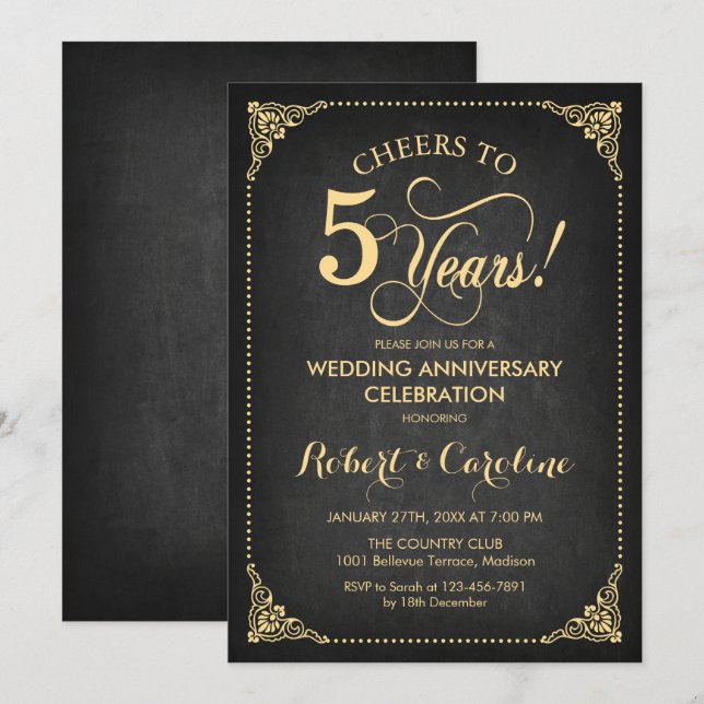 Convites 5º Aniversário de Casamento - Quadro Negro Dourado (Frente/Verso)