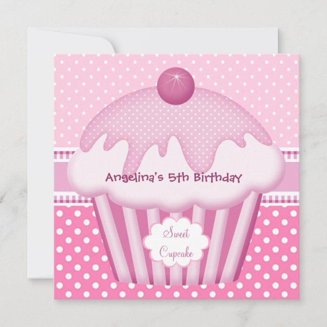 Convites 5º Cupcake Doce Branco Pontos Rosa Meninas (Frente)