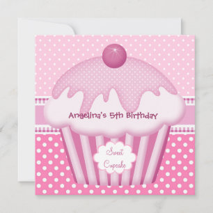 Convites 5º Cupcake Doce Branco Pontos Rosa Meninas