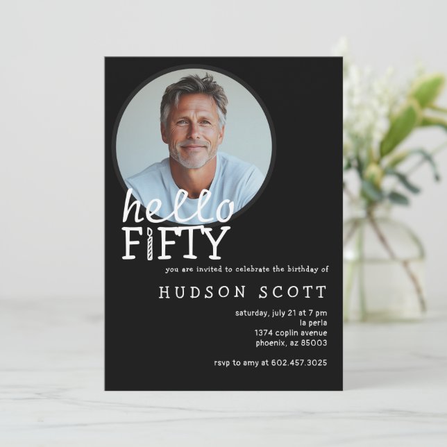 Convites 50ª Festa de aniversário Alô 50 Foto Preto Branco (Em pé/Frente)