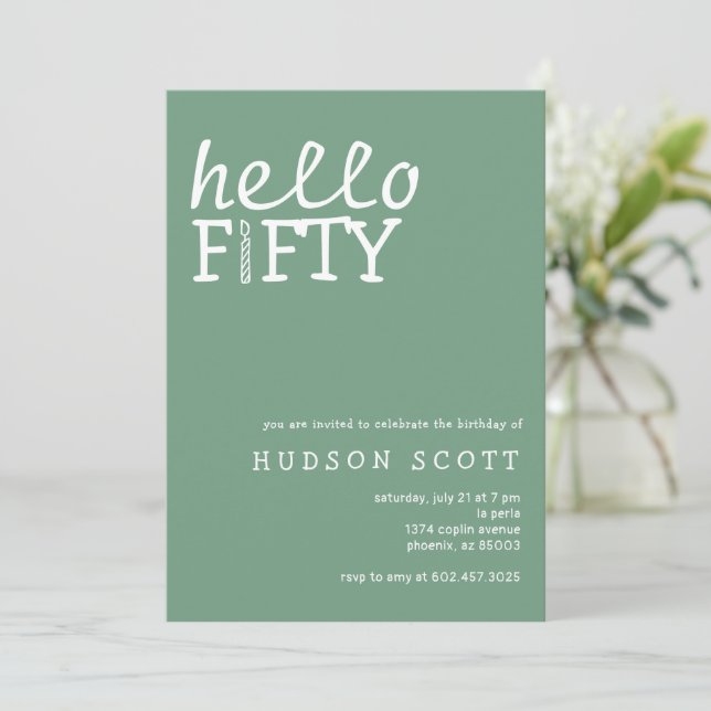 Convites 50ª Festa de aniversário Alô 50 Sábio Moderno Verd (Em pé/Frente)