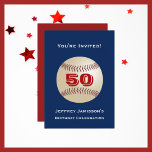 Convites 50ª Festa de aniversário, Baseball Blue e Red<br><div class="desc">Um beisebol sobre um fundo azul escuro decora este único e divertido Convite de aniversário 50º. O inverso tem letras brancas sobre fundo vermelho. Você pode facilmente alterar o texto para nome, idade, evento, data etc. Os fãs do esporte vão adorar! Todos os Direitos Reservados © 2014 Alan & Marcia...</div>