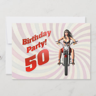 Convites 50ª festa de aniversário com uma garota em uma mot