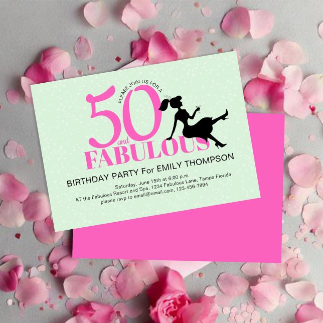 Convites 50ª Festa de aniversário, cor-de-rosa, personaliza (50th birthday party invitation with pink and green. )
