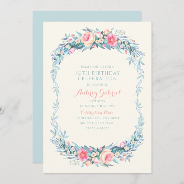 Convites 50ª Festa de aniversário de Aquarela Floral (Frente/Verso)