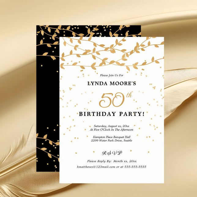 Convites 50ª Festa de aniversário de Folhas Douradas Elegan (Elegant 50th Birthday Party Gold Leaves Invitation)