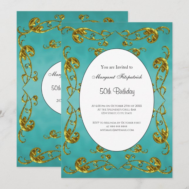 Convites 50ª Festa de aniversário de Teal Dourado clássico (Frente/Verso)
