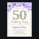 Convites 50ª Festa de aniversário - Dourado roxo branco<br><div class="desc">design de Elegante do Convite de aniversário 50º em ouro brilhante falso,  roxo e branco. Na moda floral com diamantes e rosas. Perfeito para uma comemoração de vidro. Envie-me uma mensagem se precisar de mais personalização.</div>