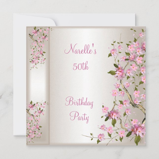 Convites 50ª Festa de aniversário Flor rosa-da-seda (Frente)