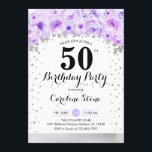 Convites 50ª Festa de aniversário - Flores Roxas Prateadas<br><div class="desc">50º convite de aniversário. Design elegante em prata brilhante com sotaque floral. Convide cartão com fonte de script e confetti. Púrpura e branca pastel. Perfeito para uma comemoração de na moda 30 dias. Envie-me uma mensagem se precisar de idade personalizada.</div>
