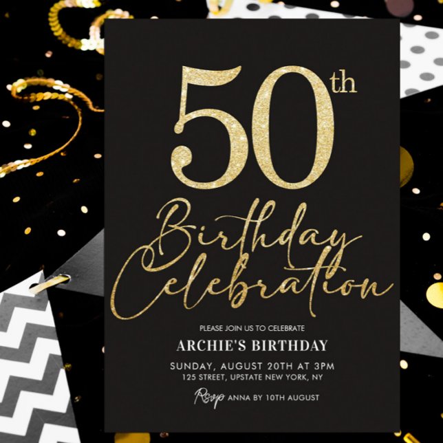 Convites 50ª Festa de aniversário, preto e brilhante Dourad (50th birthday invitation black and gold glitter template)