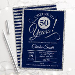 Convites 50ª Festa de aniversário - QUALQUER Prata do Marin<br><div class="desc">50º convite de aniversário para homens ou mulheres. Cartão de convite elegante em marinho com folha fina de prata. Apresenta a fonte do script de tipografia. Saúde a 50 anos! Pode ser personalizado em qualquer ano. Perfeito para uma celebração de um dia adulto.</div>