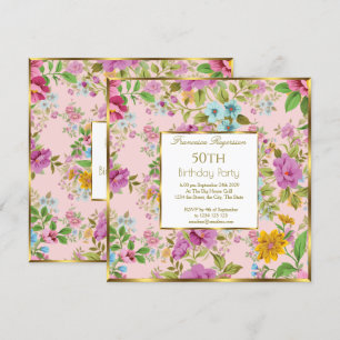 Convites 50ª Festa de aniversário rosa colorida de jardim f
