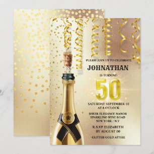 Convites 50ª festa elegante de vinho espumante com brilho 