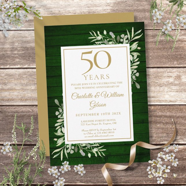 Convites 50ª Folhagem de Madeira Verde do Aniversário (50th Wedding Anniversary Green Wood Foliage Invitation)