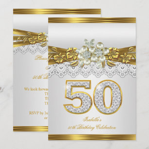 Convites 50ª Pérola Branca Renda Dourada Festa de Aniversár